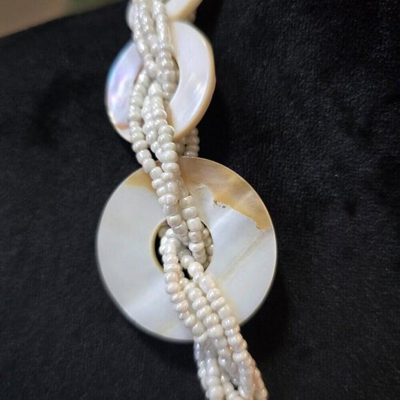 Women White Discs and Braided Seed Bead Multi-Strand Necklace with Lobster Clasp - Picture 5 of 6